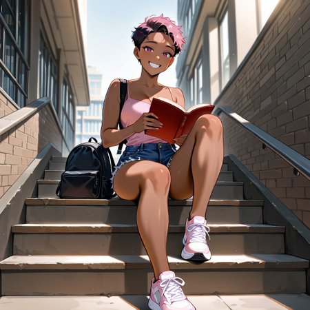 (masterpiece, newest, best quality, highly detailed, very awa, superfine illustration, official art style), very detailed face, hyperrealistic, (UHD quality details), 1girl, ebony_girl, thicc, sitting, sitting on steps, holding books, backpack, smiling, dark skin, dark-skinned female, denim cutoffs, pink tanktop, spaghetti straps, sneakers, short_natural, short hair, outdoors, bright sunshine, library building, depth of field, 8k uhd, absurdres, volumetric lighting, tack sharp focus, beautiful composition, intricate detail, professional illustration