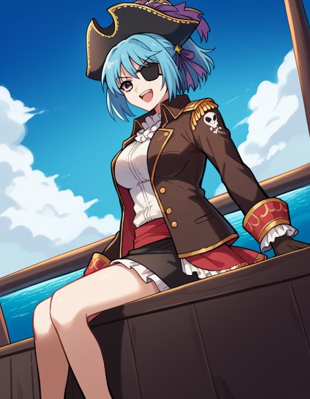 score_9, score_8_up, score_7_up, source_anime, <lora:kurumu-kurono-s2-ponyxl-lora-nochekaiser:1>, kurumu kurono, short hair, blue hair, purple eyes, ponytail, ribbon, hair ribbon, hair ornament, large breasts,, <lora:pirate-costume-ponyxl-lora-nochekaiser:1>, pirate costume, pirate hat, skirt, gloves, jacket, shirt, eyepatch,, blue sky, sea, ocean, pirate ship, treasure, gold, smug, open mouth, from below, sitting,, , dutch angle, cowboy shot