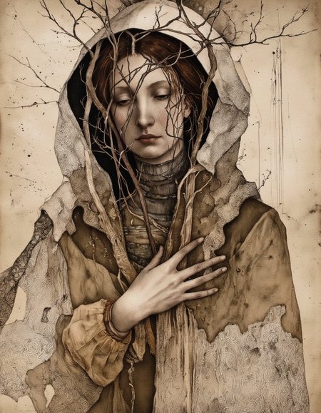 Art by Marina Richterova. A digital illustration shoot from a frontal camera angle about a figure covered in twisted branches and vines, creating a sense of mystery and isolation. the image also shows intricate details and textures, as well as a soft, textured background with lines and a warm color palette. on the middle of the image, a 1woman, who appears to be in her mid-twenties, with a slim body and a neutral expression, is facing the viewer with her eyes closed and her mouth slightly open. her hair is long and wavy, covering her face and upper body. she is wearing a hooded cloak that is intricately designed with vines and wires, giving her a mysterious and otherworldly appearance. her arms are crossed in front of her chest, adding to the sense of tension and vulnerability. the overall effect is one of a surreal and unsettling depiction of a human figure, with the intricate and twisted nature of the vines wrapping around her body and face.