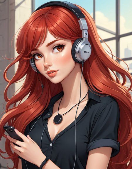 cartoon style, long red hair, long bangs, long eyelashes, thick eyelashes, thick lips,  loose hairstyle, relaxed pose, casual black shirt, partially unbuttoned, necklace,  complex and intricate background, soft colors, detailed hair strands, expressive eyes, contemporary cartoon art, dynamic lines, high-quality illustration, wearing headphones, wired headphones, holding phone,  listening to music, joyful expression