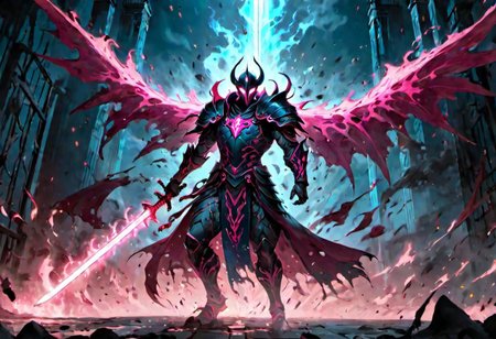full body warrior of light in white and dark pink  armor clad in shadow dark mist has pink glow eyes with a thing blue mist running from the side of his eyes upwards masked face wielding a stylized katana of light angrey look blood stained cape right shoulder on black fire cloth mask revealing angrey eyes, with huge blue and black angle wings,
standing infront massive gates.