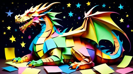 a massive colorful dragon with fine scales made out of Jed-StickyN, laying down curled up asleep, (eyes closed, head down, neck stretched out, head on front feet:1.3), dynamic angle, dark fantasy, intricate details, ultra wide shot, zoomed out, 
<lora:StickyNotesStyle:1>,  <lora:add-detail-xl:0.7>,  <lora:sd_xl_dpo_lora_v1:1>, <lora:xl_more_art-full_v1:0.3>,  set against a  background of a starry sky,