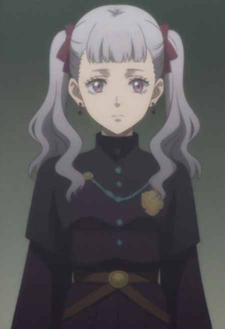 source_anime, anime screencap, source_anime, auratheguillotine, anime screencap, masterpiece, source_anime, shiny skin,,,,,,<lora:noellesilva-pdxl-nvwls-v1-000005:1> noelle silva, grey hair, purple eyes, twintails, hair ribbon, black capelet, green strap, white and purple dress, long sleeves, belt,