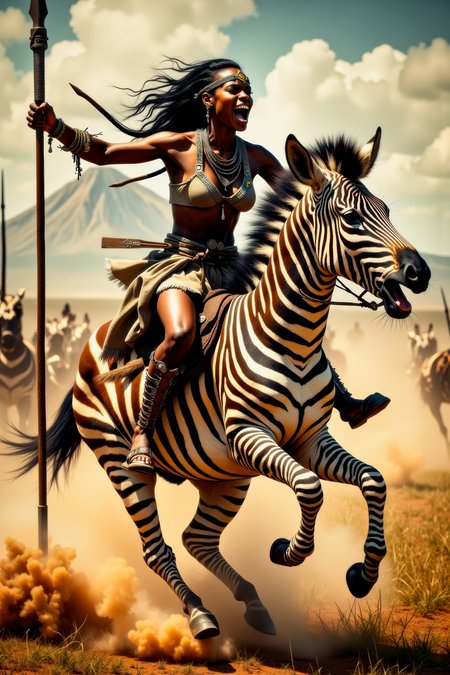Real photograph of an African warrior woman,  black skin, Nubian, beautiful, breathtaking,  athletic, (small breasts:1.4),  earrings, necklace, wrist bands,  human feet wearing sandals,  dangerous, fierce, determined, battle hardened,  mounted atop an angry and ferocious zebra,  charging into battle with lowered spear, shield and spear bearing war decorations,  fierce angry painted face full of rage, yelling fierce war cries,  African Savannah with mount Kilimanjaro in the background,  intricate details, masterpiece, elegant, complex patterns,  (full body shot from head to toe:1.6), environmental wide angle,  dramatic and dynamic morning lighting, intense atmosphere,   <BaroqueColorful:0.72>