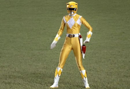 Yellow power ranger, female, morphed, helmet, uniform, yellow catsuit, white belt gloves boots, red holstered weapon