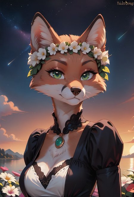 score_9, score_8_up, score_7_up, highres, high quality, perfection,
BREAK 
1girl, (solo: 2.0), girl alone, front view, portrait, (face focus),
BREAK 
furry female, fox girl, (anthro fox girl: 1.2), beautiful girl, cute girl, adult, 20 years old, detailed body, (two-tone fur), brown fur, white fur, shapely girl, (slim body: 1.2), (bald_girl: 1.2), (baldness: 2.0), detailed face, beautiful face, eyelashes, (green eyes: 1.2), perfect eyes, detailed eyes, medium breasts,
clothed, traditional nordic dress, head wreath, flowers wreath,
BREAK
starry sky background, beautiful sky, sunrise, meteor shower, detailed background,