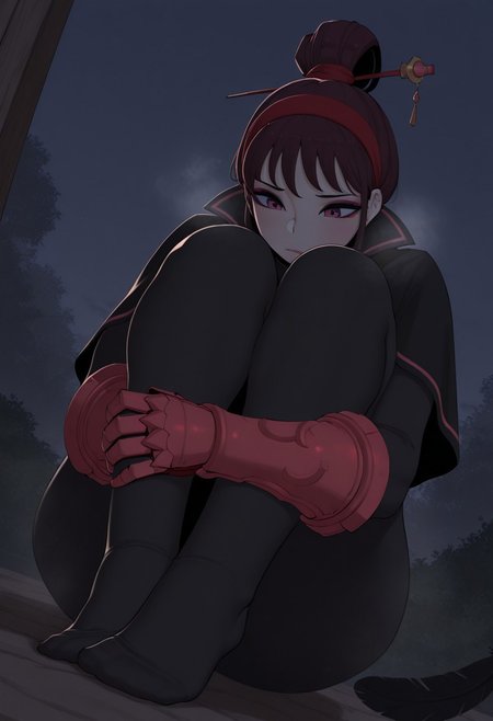outdoors, undershirt, falling feathers, black bodysuit, hair stick, hugging own legs, , gauntlets,   eyeshadow,   red gloves,  high ponytail,  , black capelet, red hairband, pink eyes, 1girl, solo, feet, visible breath,   dynamic angle, foreshortening, smell, steam,  ABBB