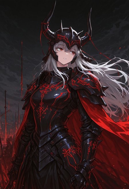 (masterpiece), (best quality), (ultra-detailed), amazing quality, very aesthetic, illustration, newest, upper body, colorful, vibrant, looking to the side, (oil painting:1.1), cinematic lighting, <lora:Avarice:1>, edgeofavarice, avarice, glowing silver runes, dark fantasy,
1girl, solo, cape, angelic_emblem_on_cape long sleeves, faulds, horned helmet, full_helmet, black and red armor, spiked armor, spiked gauntlets, spiked helmet, full_armor, full_plate_armor, winged_helmet, gold_armor, winged_shoulders, clawed_gauntlets, holy_emblem, segmented_faulds, tattered_cape, aura_of_hope, inspiring_presence, holy_glow, massive_blade, battlefield_setting, heavy_armor, silver hair