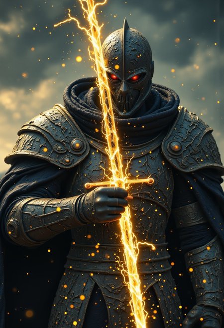 A knight with black armor, the black armor has golden coloured rune on it, the knight wear a demon like helmet with ruby red coloured eyes, the black knight holding a two-handed sword, the sword base color is silver and it has yellow lighting effect on it, the lightning effect is going upward to the sky like a thunder strike the sword, the black knight stood at the edge of the cliff, the focus is at knight and the lightning, (((at the bottom add text that says: "I am the honoured buzz knight"))),
score_9, score_8_up, score_7_up, score_6_up, source_anime, masterpiece, best quality, skindentation, anime artwork, intricately detailed photorealism, very detailed, highly detailed texture, cinematic illumination, volumetric lighting, detailed face, detailed skin, detailed eyes, rating_explicit, concept art, absurdres, highres, hd, ultra hd quality details, Expressiveh, solo focus, 1girl,