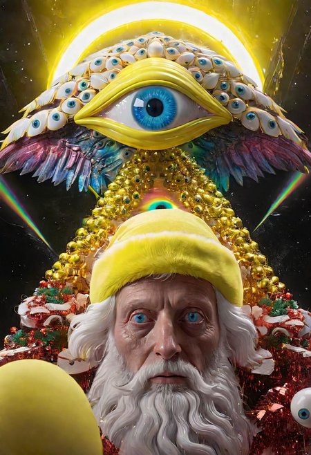 seraphins, mystical creature with hundreds of eyes and wings, impossibly beautiful portrait of alien shapeshifter entity, delivering presents with santa, ((yellow christmas hat)), intricate complexity, surreal horror, inverted neon rainbow drip paint, yellow accents,  photoreal, 8k, octane render by greg rutkowski