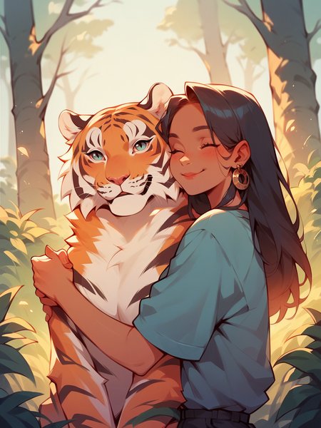 score_9, score_8_up, score_7_up, score_6_up,  <lora:p3tl0v3XLP:1> p3tl0v3, 1girl, hugging tiger