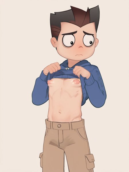 score_9, score_8_up, score_7_up, score_6_up,highres <lora:guy_hamdon:1>,blue hoodie,beige cargo pants, solo,guy hamdon,spiked hair,black hair,parody,navel,shirt_lift,skinny,puffy nipples,shy