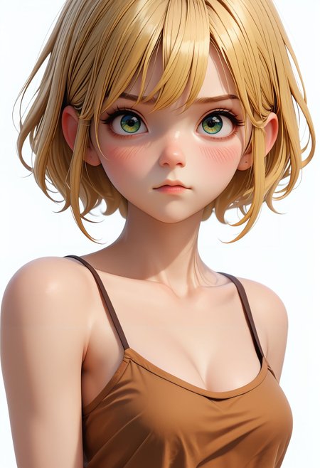 score_9,score_8_up,score_7_up,  <lora:3d_render_pdxl_goofy:1>3d render, 1girl, :3, bare shoulders, blonde hair, blush, breasts, brown tank top, cleavage, collarbone, crop top, looking at viewer, short hair, simple background, solo, spaghetti strap, squinting, tank top, upper body, white background
