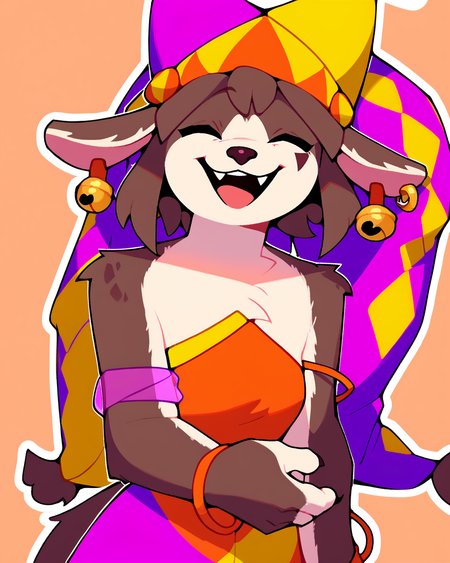 score_9_up, score_8_up, score_7_up, score_6_up, by remanedur, half-length portrait, heterochromia, furry female, eyes closed, female, furry, looking at viewer, solo, open mouth, laugh, jester, jester cap, fools hat, bell, striped, multicolored headwear,  bracelet, jingle bell, earrings, bell ear ring, three-quarter view, head tilt, tail, bracelet, earrings, simple background, white outline, <lora:PDXL_artist_tags_v2_big:0.5> <lora:The-Minuscule-Task_PDXL_v1.0:0.6>    <lora:Pitori_AutumnBloom11:1>