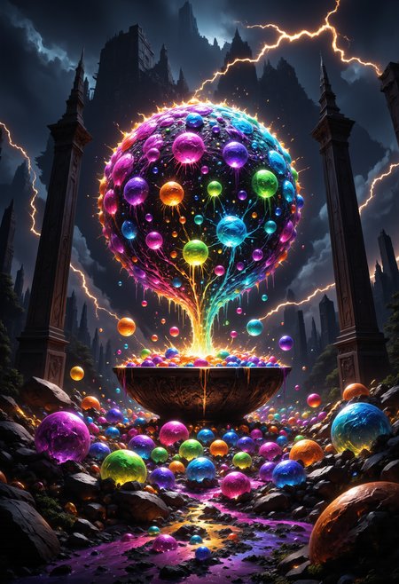 A mysterious flowof colorful magic gemstone spheres is being poured from a ((tilted colossal stone and iron crucible))and rolls through a fantasy landscape, the spheres roll along a like an avalanche and emit a brilliant light, (some of the spheres magically levitate in the air), a thick forest of large black obelisks stands at the edge of the river, magical golden sparks and flecks of light flit around in the air, the sky is epic and dark with low grey clouds and orange lightning, very dark background, high contrast, aidmasoftglow , aidmaMJ6.1, aidmaHyperrealism<lora:MysticFantasydetailer:0.6> <lora:aidmaSoftGlow:0.8> <lora:aidmaHyperrealismv0.3:0.4> <lora:aidmaMJ6.1v0.4:0.4> <lora:FluxDFaeTasticDetails:0.6>