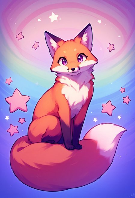 score_9, score_8_up, score_7_up,  BREAK fox, f0x, feral, cute, spiral rainbow swirl background, pink stars, purple blue gradient