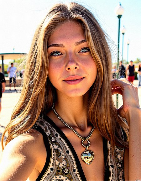 An upper body image of a beautiful young lady, wavy hair, bright silver eyes, and bold eyeliner. She has fake nails,  and her lips are shiny and full. She wears an amulet heart, rimless eyewear,  and a helix piercing. The extreme realism focuses on her detailed skin, showing fine textures and natural highlights.

The background is open area with Families flying kites in open city, Small groups of people playing instruments in parks

Her outfit are Loose-fitting kaftan dress with intricate patterns and earthy tones

Subtle skin pores and natural texture on the face and neck, Realistic light reflections on the surface of the eyes, Slightly raised veins visible under the skin on the neck, Subtle veins visible on the eyelids under certain lighting, Realistic reflection of light on the glossy lips, following their curvature, Soft reflections on the necklace, enhancing its metallic look, Soft shadows under the lower lip, enhancing depth and form, slight noise effect to add texture and realism to the image.a slight sheen of sweat or natural skin oil to areas like the forehead and nose.Apply subsurface scattering to the skin to simulate the way light penetrates and scatters within it, enhancing realism.

Pretending to take a selfie, holding her hand out and smiling cheerfull, 


















 









































