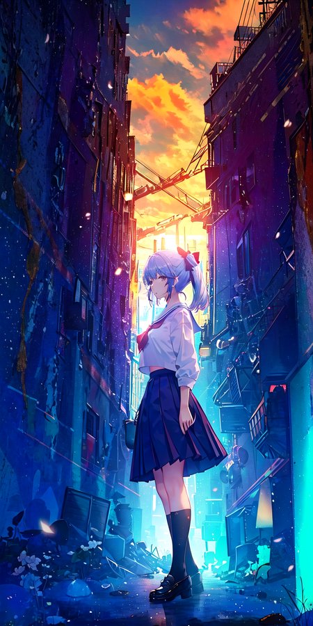 ((upper body, from front,), an extremely delicate and beautiful), High contrast, looking at viewer, floating hair,  

starry,strry light,night,colorful,cloud,

HALO, white, blue, red, yellow,green, blue,purple,orange,,starry,sky,colorful,halftone,light_particles,

 (extremely detailed CG unity 8k wallpaper, masterpiece, best quality, ultra-detailed, best shadow), 1girl solo, outdoors,  flashlight, river, clear sky, sunset, cloud, cityscape, lights from citys,  buildings,skyscrapers, 


Frontlight,   large breasts,

kamisato ayaka (heytea), kamisato ayaka, official alternate costume, ponytail, serafuku, blunt bangs, hair bow, black bow, hair ribbon, red ribbon, school uniform, sailor shirt, sailor collar, pleated skirt, grey eyes, light blue hair, mole under eye,