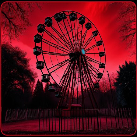 <lora:SurrealHorrorMovieSDXL:1> Surreal Retro Horror movie Still, The image shows a ferris wheel in the middle of a park surrounded by a fence and a building with trees in the background and a red sky above., border, no humans, outdoors, black border, red sky, red theme, tree, building, scenery, sky