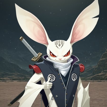 2d, 1boy, solo, Heismay, male, creature, bat, furry, furry male, plantigrade, white body, white fur, big ears, red sclera, red eyes, claws, arm wings, pink nose, head markings, three fingers, navy blue poncho, white cloth collar, buttons, red shoulder guards, red leg armor, sword sheath on back

BREAK thumbs up, smirk, upper body focus, looking at viewer, abstract background, sparkles

BREAK best quality, amazing quality, very aesthetic, absurdres, newest, masterpiece, high quality