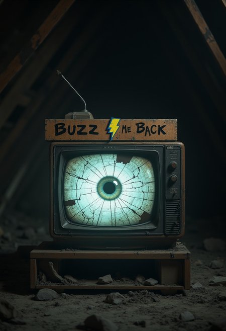 A hyperrealistic rendering of a seemingly abandoned, antique television set, sitting alone in a dimly lit, dust-filled attic. The TV screen is cracked and flickering erratically, displaying distorted, static-filled images that seem to shift and change when not directly observed. On the screen, barely visible through the static, is a single, staring eye that appears to follow the viewer's movements. Scrawled across the top of the TV set in what appears to be dried blood are the words "Buzz Me Back," and the yellow and blue thunderbolt symbol is crudely etched into the dusty wooden frame. The attic itself is filled with cobwebs and indistinct shapes, barely visible in the shadows, creating a sense of claustrophobia and dread. A faint, almost imperceptible buzzing sound emanates from the TV, adding to the unsettling atmosphere. Ultra-high definition, medium shot, focusing on the flickering screen, the unsettling message, and the overall sense of decay and forgotten menace.