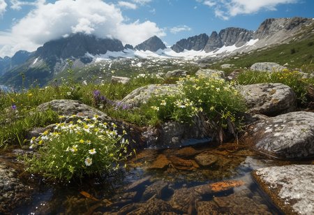 (no human:1.18), scenic wide open alpine landscape, flowering juicy mountain meadow at springtime, Scandinavian Mountains(butterflies:0.96), group of  birch trees, big rocks tered, puddles of melting snow flowing into a trickle, (Fragrant herbs) Sprigs of rosemary, thyme, and chamomile, in a  bouquet,  
(Mountain wildflowers: Edelweiss (Leontopodium alpinum) 
(dark clouds above:1.18)
(High-key lighting, a bright, evenly lit scene, gentle, diffused light, soft, airy tones, a cheerful, uplifting mood)(trending:1.1) (masterpiece:1.2), (RAW:0.75),subsurface tering,high definition,  <lora:sdxl\zy_Realism_Enhancer_v1.safetensors:0.85:0.18>  p4,s20
