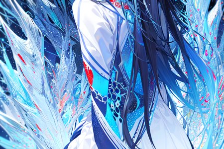 highly insanely detailed, masterpiece, top quality, best quality, highres, 4k, 8k, RAW photo, (very aesthetic, beautiful and aesthetic),  
(code_style,codestyle), 
<lora:CodeStyle (half generic class)_564920:0>, 
(1girl:1.3), 1other, 
ice blue background,white and red background,(colored digital glitch background,color bokeh background),âââ