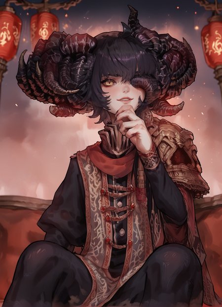 Action Figure of score_9, score_8_up, score_7_up, source_anime,score_6, sitting,blush, black skin,  lights,blurred background, mohg lord of blood, (fog:1.2),blood, solo,horns,  <lora:Mohg_Lord_of_Blood:1>