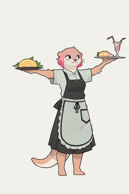 (score_9, score_8_up, score_7_up, score_6_up, score_5_up, score_4_up), anime lineart, BREAK (multiple views, before and after), standing, Hands Stretched Up, Armpit Crease, 1girl,      BREAK (furry, anthro, furry girl), (furry skin:1.2), (otter girl), fluffy skin, (rainbow skin, colored skin), animal tail, animal ears, mature body, pink hair, short hair, pointy     chubby body, body freakles, BREAK             waitress, apron, uniform, lemon skirt, short sleeves,  in a restaurant, <lora:Squeaky_Style_XL_Pony_SingleShot:0.9>, squeakystyle, <lora:dnd_flat:0.7>, dnd