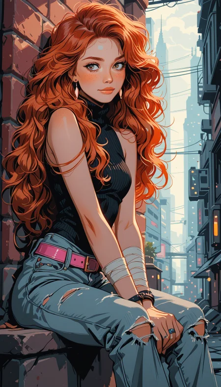 masterpiece, Shinkaistyle,
pinkretroanime, retro art,
Cyberpunk Style, cyberpunk, science fiction, hi tech, future tech, neon, (Cybernetics:1.25), (Neon Cityscape:1.4), (lineless:1.5), smooth edges, (lighten the face:1.5), tall body, slender body, fit body, long legs, This is a digital artwork featuring an illustrated character with red hair and fair skin. The character has freckles on their cheeks and shoulders, and their hair is styled in loose curls that fall around their face. They are wearing a black top with a round neckline, adorned with a collar that suggests it could be part of a costume or uniform. The sleeves are rolled up to the elbows, revealing tattoos on both arms. The character is seated against a brick wall, leaning slightly forward with one arm resting on their knee and the other hand holding onto a metal chain attached to a cuff around their wrist. The chain has a spiky design along its length. The character's expression is serious but contemplative. The background of the artwork is simple yet complementary. It consists of a muted gray tone with a soft gradient that suggests an overcast sky or indoor lighting with warm tones. A window is visible behind the character, allowing natural light to filter into the space. The overall color palette is rich and earthy, with reds being the dominant hue in the artwork, reflected in the character's hair and the brickwork of the wall. The character stands out against this backdrop due to their vibrant attire and distinctive features., 1girl, solo, long hair, breasts, looking at viewer, blush, smile, bangs, blue eyes, brown hair, shirt, bare shoulders, jewelry, medium breasts, sitting, very long hair, closed mouth, green eyes, red hair, earrings, small breasts, outdoors, sleeveless, day, belt, pants, orange hair, bracelet, from side, sweater, leotard, lips, looking to the side, grey eyes, torn clothes, bare arms, black shirt, eyelashes, sleeveless shirt, feet out of frame, turtleneck, highleg, wavy hair, looking away, bandages, expressionless, sunlight, ring, own hands together, light smile, denim, casual, wristband, black leotard, armlet, between legs, highleg leotard, ribbed sweater, freckles, curly hair, v arms, hand between legs, jeans, pink lips, bandaged arm, nose, blue pants, against wall, midriff peek, wall, grey pants, brick wall, leotard under clothes, torn pants, hands on lap, arm wrap, stone wall, torn jeans