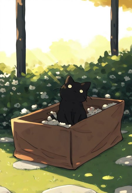 chii-kun \(seedyoulater\), naguru \(cyoroama\), 
very awa, masterpiece, highres, absurdres, newest, year 2024, year 2023, 
(cat:1.2), black cat, (no humans:1.1), scared, paws, fur, (cute:1.2), comfy, solo, standing, hunting,
garden, in a box, OO,
day, sunlight, sunrays, 
<lora:TA_trained:0.75>, <lora:ponyv4_noob1_2_adamW-000017:0.33>, <lora:shiroski:0.75>,