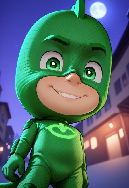 (score_9, score_8_up, score_7_up), highly detailed, white outline, cute boy, masterpiece, best quality, high quality, detailed, round face, round eyes, round pupils, shining eyes, petite, flat chested, aged down, cute, kawaii, short, 1boy, solo, Gekko Costume, Green Bodysuit, Green Eyes, Mask, Tail, at night, strong, full moon, dynamic pose,  side view, dutch angle, smug smile, narrowed eyes, low angle view, perfect detail, perfect eyes, perfect face, perfect mouth, night time, moonlighting, empty streets, outdoors, street, city background, textured costume, bold lines, volumetric lighting, moon in background, ((blurred detailed background)), natural lighting, (ray tracing, good shadows), young