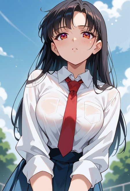 score_9, score_8_up, score_7_up,source_anime, best quality, masterpiece, full detailed, clear skin, high res, cinematic light, perfect face, beautiful woman, perfect body shape, score_6_up, score_5_up, 1girl, (blurred background), (dramatic lighting)
slrmn, 
long hair, black hair, brown eyes, large breast, thigh, 
school uniform, red tie, blue skirt, 
sad face, staring at viewer, hair tucking, bending body forward, 
blue sky, cloud, upper body shot, from below,