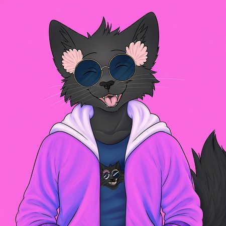 anthro, Anthro, feline nose, furry, Smiling, fluff on ears, Round solar glasses, pink tongue, fluffy tail, blue t-shirt, black nose, black fur, pink and purple jacket, white hood, purple and pink jacket, black nose