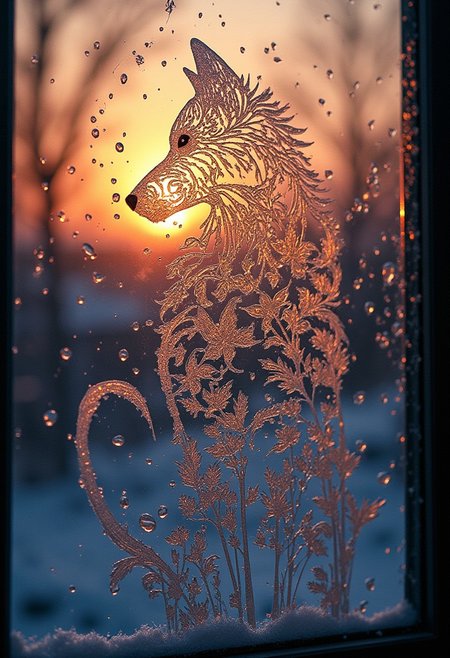 drawing on the window with one frosted line in the form of a curled up wolf on the window, beautiful, aesthetic, sunset, fractal frost, floral patterns, octane rendering, intricate details, hyper-realistic, hyper-detailed, ultra-sharp, professional photoshoot, chiaroscuro lighting, bright vivid color