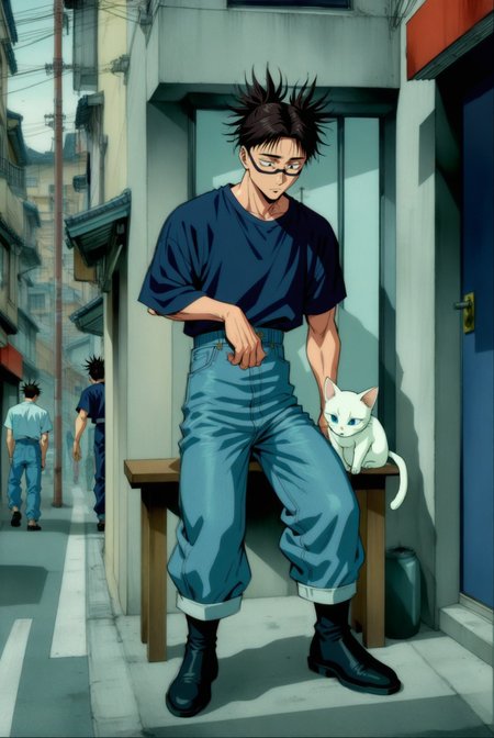1boy, male focus, choso \(jujutsu kaisen\), jujutsu kaisen , (90s anime style:1.5), front view, outdoors, street view, (looking down:1.3), perfecteyes, shirt, denim shorts, (a single white cat sitting next to them) <lora:detailed_notrigger:1> <lora:ParchartXL_CODA:0.2> <lora:Isometric Cutaway:1> <lora:PerfectEyesXL:1> <lora:Surreal Harmony:0.2>