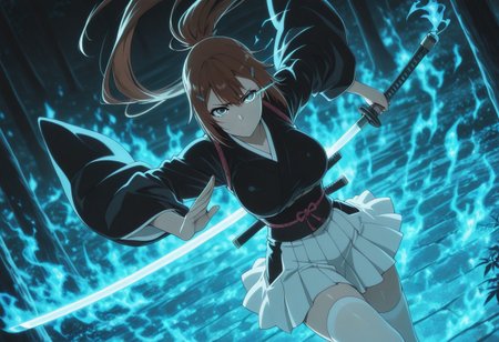 masterpiece, best quality, amazing quality, vslinxbleachtybw style, absurdres, perfect face, detailed face, eye_focus, 4ur4_illu,shiny,
(Girl:0.0), 1girl, cute, attractive, brown hair, long hair, very long hair, high ponytail, bangs, hairclip, grey eyes, ultra-detailed anime eyes, eye trail, large breasts, kimono, dark kimono, Wide sleeves, sash, obi,  white skirt, white knee high stocking, sandals, katana, sheathed,
(Pose:0.0), ((looking at viewer)), fighting stance, windy, dynamic pose, dynamic composition, katana, green flames, blue flames, 
(Emotion:0.0) serious, eyes open, closed mouth, furrowed brow, 
(Scene:0.0), cowboy shot, from front, dutch angle, outdoors, windy, maple tree, maple leaves, scenery, detailed background, depth of field, flame_theme, dark_theme, detailed backgroud, aesthetic,