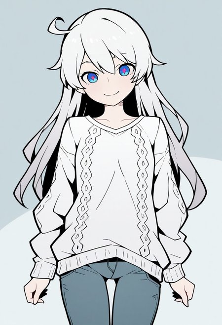 masterpiece,best quality,amazing quality, very aesthetic,kiana kaslana,white hair,solo,add detailed eyes,blue eyes,dressed,happy,long hair,roll-up sweater,jeans,AkablStyle, AkablStyle, flat_color