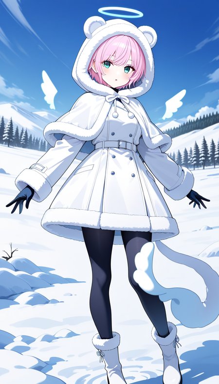 masterpiece, best quality, very aesthetic, absurdres,
solo, 1girl,

nijiriri, blue eyes, green eyes, pink hair, short hair,

halo, hood, fur trim, animal hood, winter clothes, white coat, gloves, fur-trimmed hood, fur-trimmed coat, pantyhose, fur-trimmed- sleeves, fur-trimmed capelet, fur-trimmed boots,