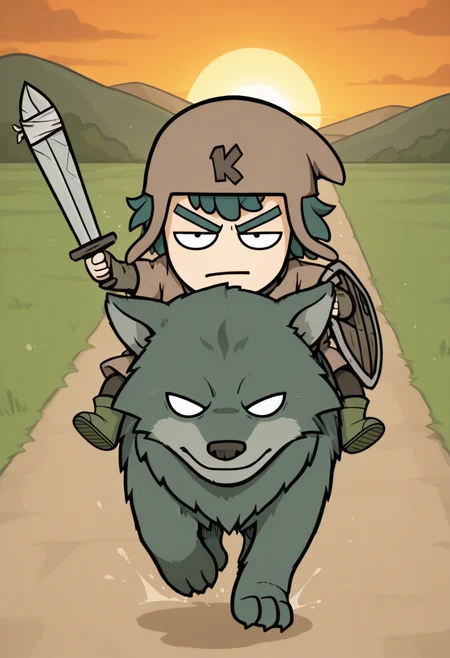 masterpiece, colorful, detailed background, beast quality, <lora:kofi-v1B-09:1> k-kofi, 1boy, brown headwear, brown tunic, short_over_long_sleeves, dark-brown belt, dark-brown pants, dark-green boots, chibi:0.5, holding sword,arm shield, incoming attack, outdoors, arm up, dot eyes, sunset, riding, annoyed, wolf, no pupils, running,
