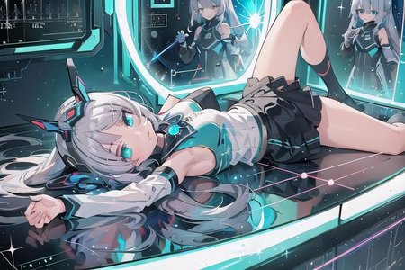 (masterpiece), (science fiction:1.4), 1girl, lying on the back on a mirror, lying on the back on a mirror, lying on the back on a mirror, smile, silver hair, aqua eyes, headgear, long sleeves, detached sleeves, glowing energy clothing, light particles, energy particles, perfect hands, perfect legs