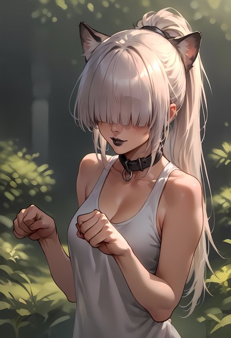 zPDXL, hi res
BREAK 1girl, catgirl, white hair, messy hair, hair covering eyes, hair over eyes, ponytail, blunt bangs, black lipstick, outside, sunlight, playing, joy, collar, petting, paw pose,
<lora:scoreSlider_ponyXL_v10:1> <lora:polki_ponyXL_v10:0.8>