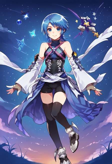solo, score_9, score_7_up, source_anime, BREAK smile, twisted torso, night sky, shooting star, <lora:Aqua_Kingdom_Hearts:0.9> aqua (kingdom hearts), blue eyes, blue hair, short hair, bare shoulders, halterneck, criss-cross straps, detached sleeves, fingerless gloves, gloves, overskirt, bike shorts under skirt, black thighhighs, <lora:Inariya_Inari_Assorted_Doujin_Artstyle_Blend_PonyXL:1>