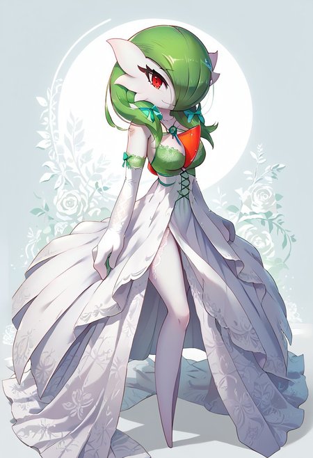 (((gardevoir))), female, anthro, pale white skin, score_9, score_8_up, score_7_up, source_anime,best quality anime, intricate details,
1girl, Gardevoir, looking at viewer, red eyes, green hair, (long hair with hair ribbons),
wearing Acqua intricate dress, laces, elbow gloves,
outdoor parc background, 
top view, volumetric lighting, smiling, standing pose