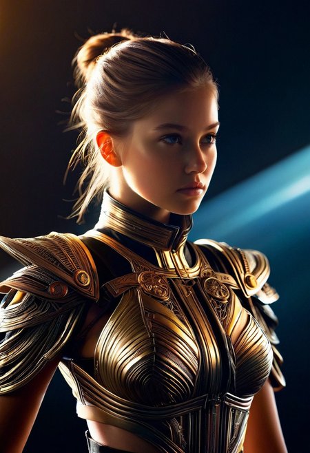A hyper-realistic depiction of a solitary girl, focusing on her upper body, adorned in an intricate, engine-inspired outfit, with polished metallic accents and leather straps, set against a dark, gradient background, illuminated by soft, golden lighting, with a shallow depth of field, emphasizing the subject's details, in a cinematic composition, reminiscent of sci-fi concept art.