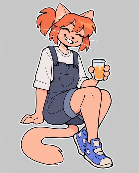 score_9_up, score_8_up, score_7_up, score_6_up, by remanedur, furry female, cat, female, furry, orange hair, eyes closed, overalls, ponytail, whiskers,   small breasts, white shirt, bangs, sneakers,  holding cup,  looking at viewer, grin, smile, happy, head tilt, solo, three-quarter view, simple background, white outline,  <lora:Leah_Pines(AIM)_XL_v1:0.15> <lora:PDXL_artist_tags_v2_big:0.5> <lora:The-Minuscule-Task_PDXL_v1.0:0.6>  <lora:Abbey_Tompkins_jopitr:0.65>
