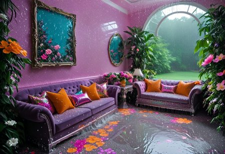 Light mood masterpiece photography, realistic, realistic photograph, large living room, glitter, crystal chandelier, rain inside living room,  floor is water, flowers, trees, indoors, pond, wet flowers, glitter flowers, damp, pond inside living room, luxurious living room, room, sequin pillows, Lisa Frank inspired, rainy scene indoors, fancy furniture, Lisa Frank colors, purple walls, vines on walls, Lisa Frank inspired, bedazzled lamps, stained glass windows, disco ball, maximalism, orange couch pillows, flowers on couch, maximalist room, three couches soft rug, neon rug, like room from Howl's Moving Castle, beaded curtains, crystal room decor, lots of clothes, 2000s, fuzzy beanbag, armchair, silver armchair, books