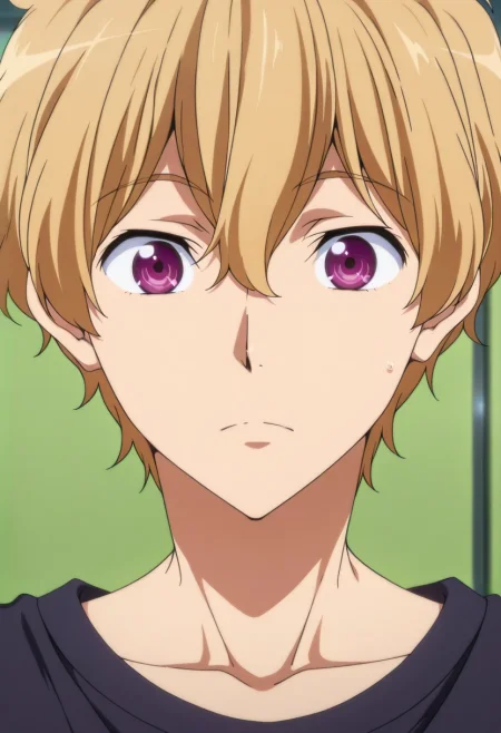 masterpiece, best quality, , anime screencap, anime coloring, official style, looking at viewer, 1boy, solo, male focus, <lora:nagisa_hazuki_ilxl:1>, nagisa_hazuki, blonde hair, purple eyes, ,