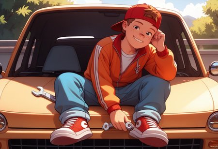 score_9, score_8, score_7, young, looking at viewer, perfect face, colorful, dramatic angle,  jumpsuit, wrench in hand, sitting on car, sneakers, car repair, smile, red hat, backwards hat, brown hair, freckles, 1boy, solo, full body.