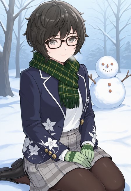 masterpiece, best quality, 1girl, seiza, smile, hands on lap, <lora:MiyazuSMT-illu:1> m1ya, black hair, short hair, grey eyes, glasses, green scarf, plaid scarf, school uniform, blue jacket, open jacket, long sleeves, floral print, white shirt, green gloves, striped gloves, grey skirt, plaid skirt, pleated skirt, black pantyhose, loafers, black footwear, winter, snowman, outdoors